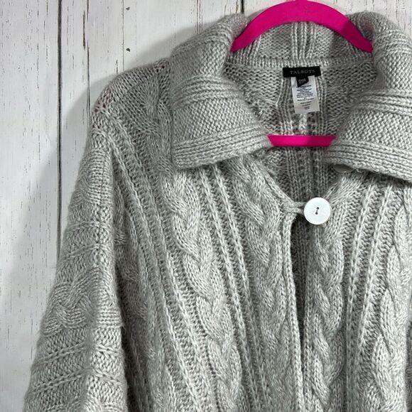 Talbots Gray Cable Knit Wool Blend Poncho Cape Minimalist Classic Preppy Cozy - Picture 3 of 15